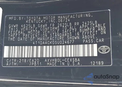 2025 Toyota Camry Xse/Xle/Le/Se z USA, uszkodzony, nr VIN 4T1DAACK0SU024677